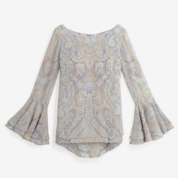 EUC WHITE HOUSE BLACK MARKET PAISLY BELL SLEEVE BLOUSE Size 2 Small - Picture 4 of 7